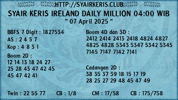 Prediksi Ireland Daily Million 04:00 WIB