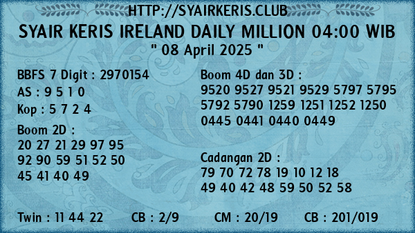Prediksi Ireland Daily Million 04:00 WIB