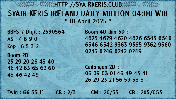 Prediksi Ireland Daily Million 04:00 WIB