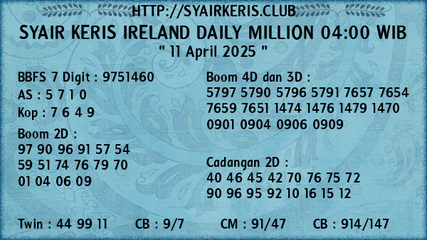 Prediksi Ireland Daily Million 04:00 WIB