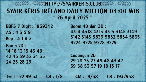 Prediksi Ireland Daily Million 04:00 WIB