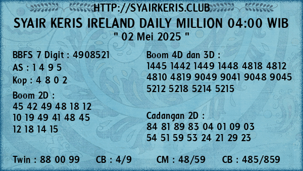 Prediksi Ireland Daily Million 04:00 WIB