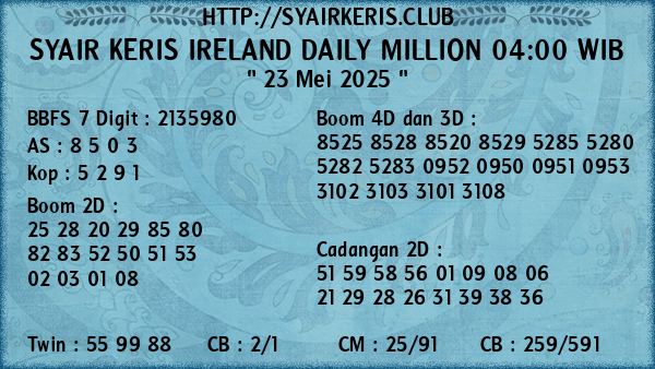 Prediksi Ireland Daily Million 04:00 WIB