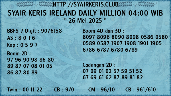Prediksi Ireland Daily Million 04:00 WIB