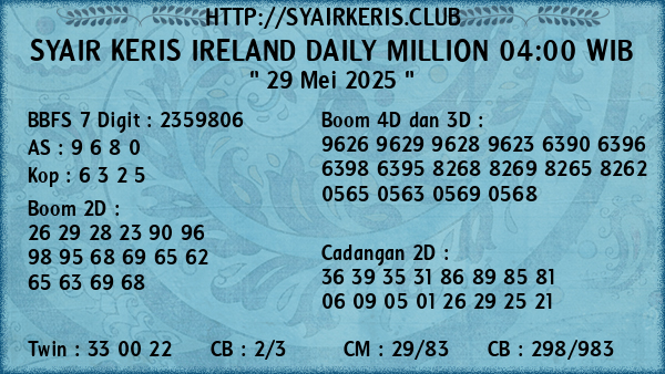 Prediksi Ireland Daily Million 04:00 WIB