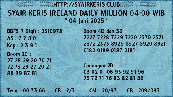 Prediksi Ireland Daily Million 04:00 WIB